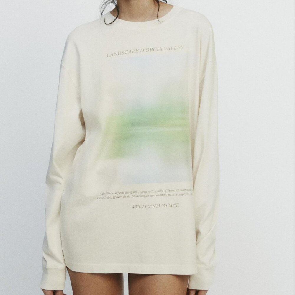 🌞 ZARA Landscape Text Long Sleeve Cotton T-Shirt Small S